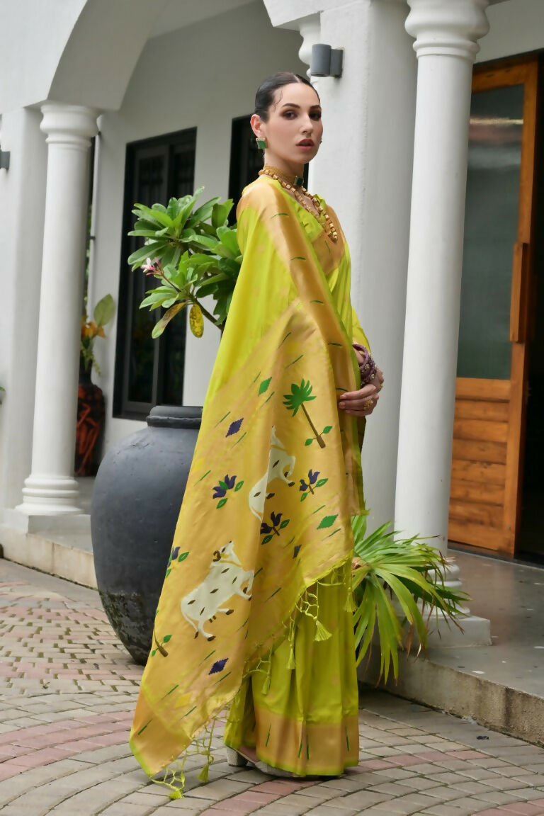 Vishnu Weaves Women's Mahendi Paithani Silk Zari Woven Saree with Blouse - Swadesiicart