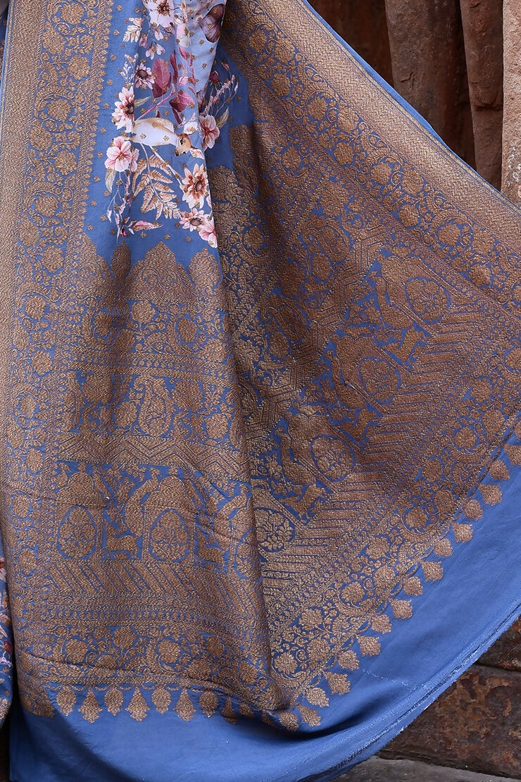 Joban Fashion Dusty Blue Crepe Chiffon Pure Handloom Banarasi Silk Saree | Swadesiicart