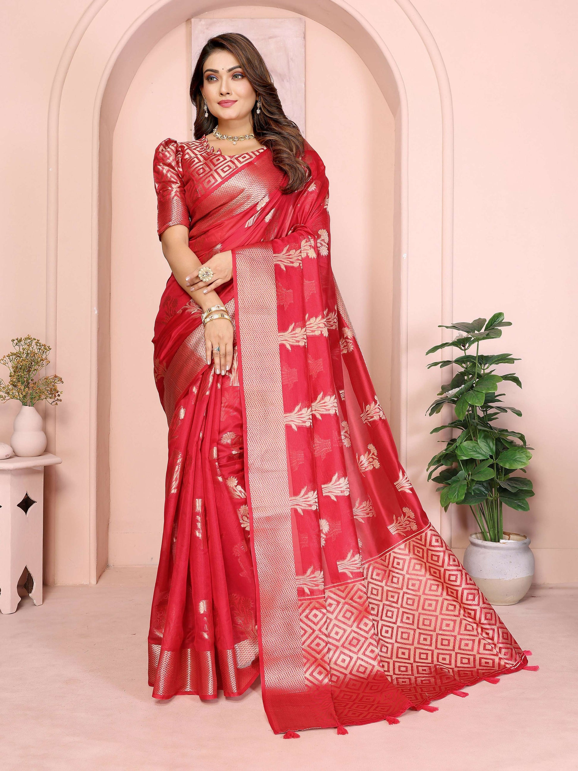 Aastha Fashion Red Soft Organza Silk Weaving Saree