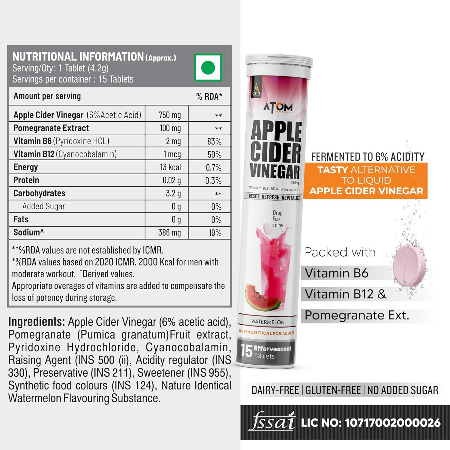 As-It-Is Atom Apple Cider Vinegar Effervescent Tablets Water Melon Flavor For Weight Loss | Swadesiicart