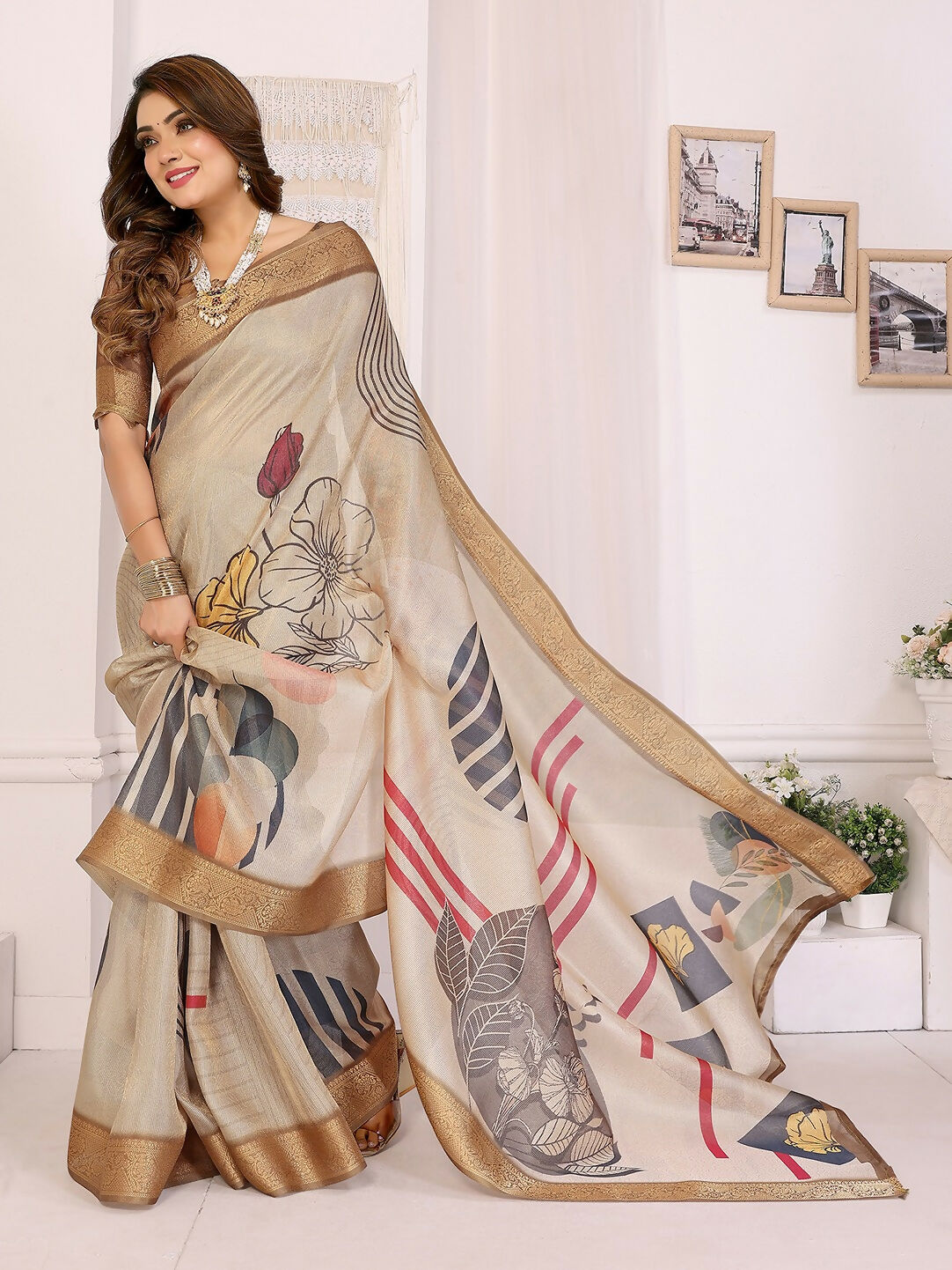Joban Fashion Beige Art Print pattern Banarasi Silk Sarees | Swadesiicart