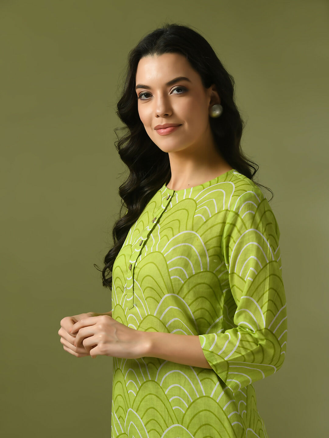 Myshka Women's Green Printed Cotton Round Neck Party Tunic With Trousers Co-ord set - Swadesiicart