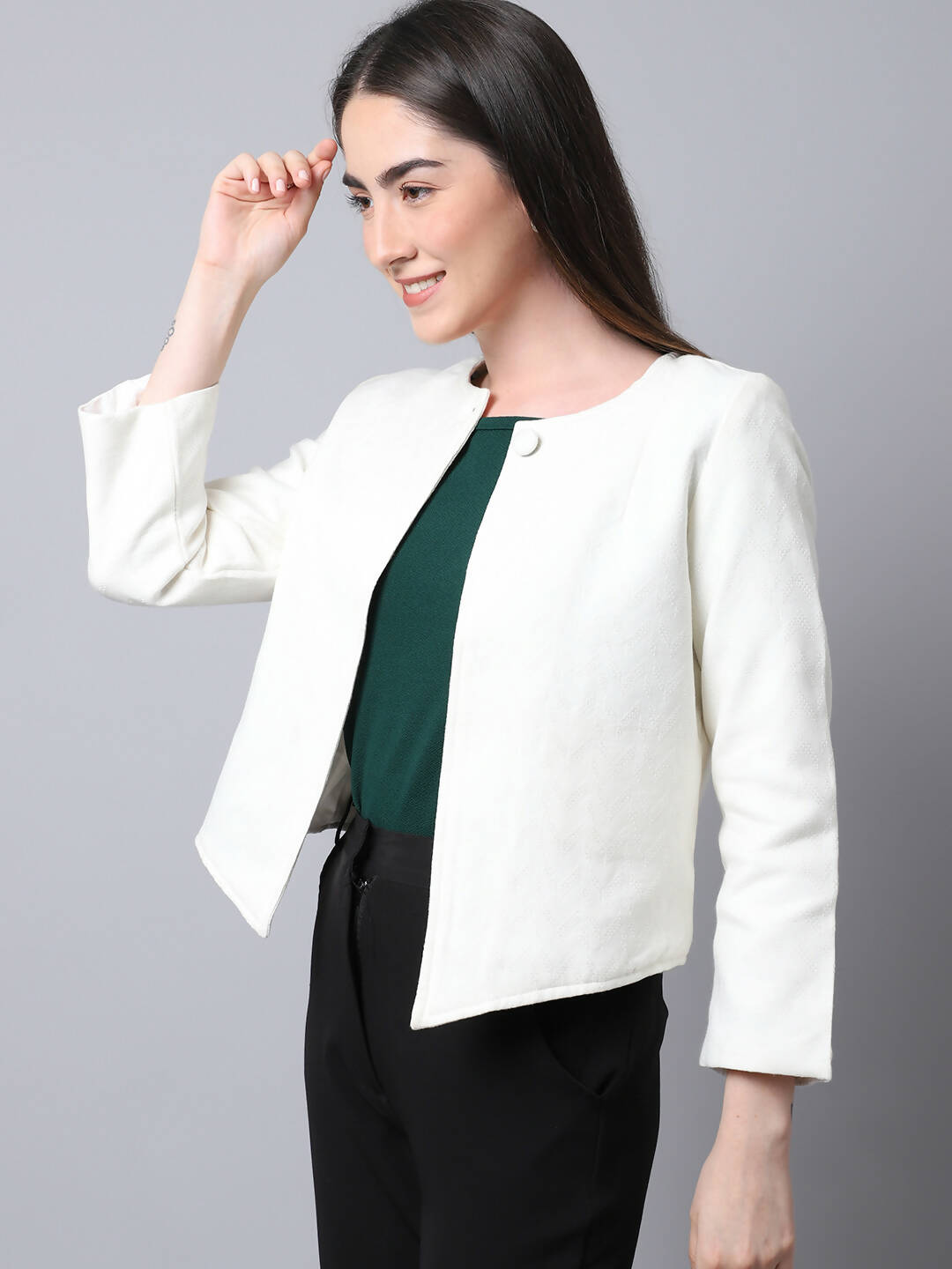 Even Apparels White 100% Viscose Open Front Statement Women's Jacket | Swadesiicart