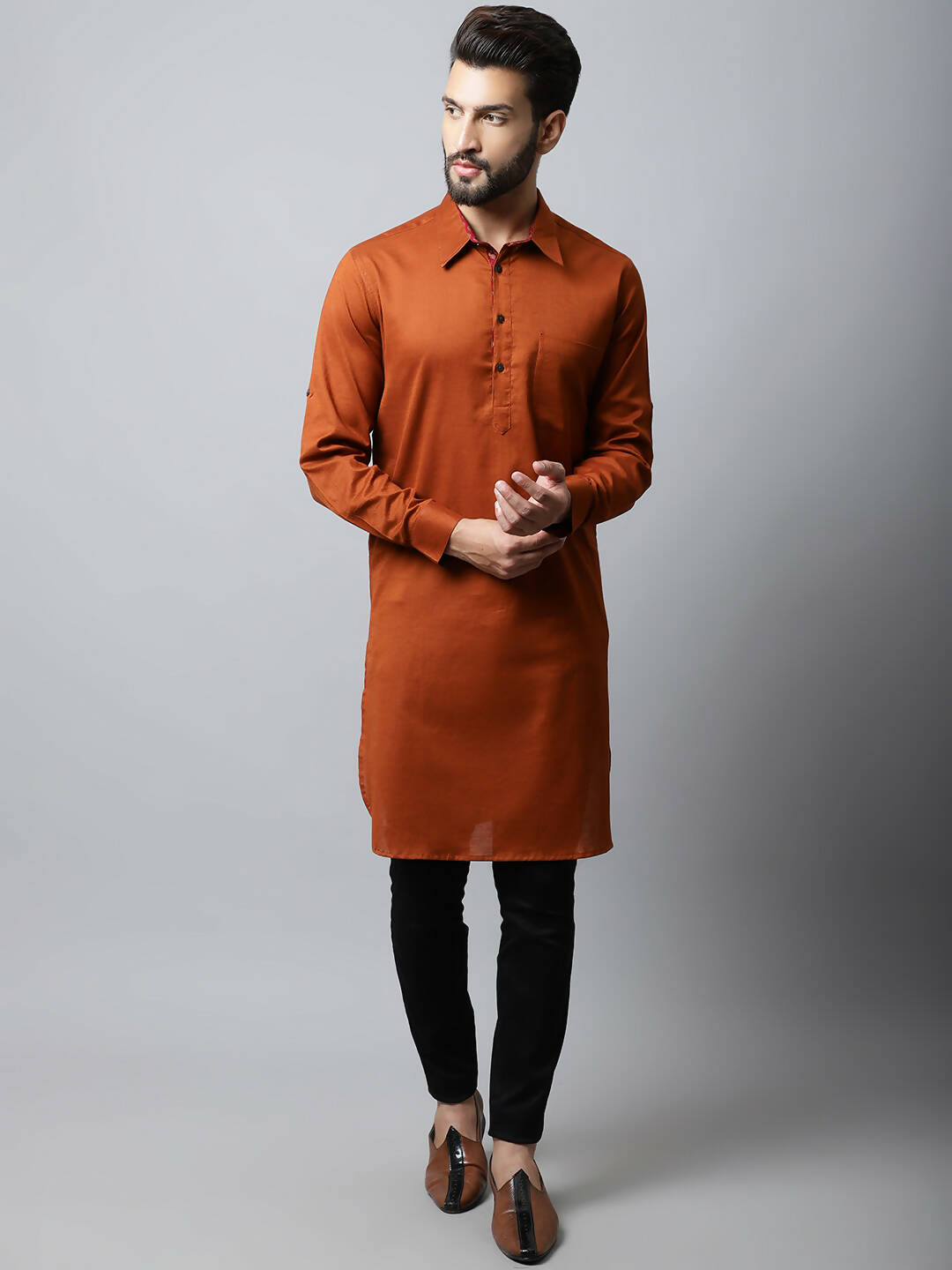 Even Apparels Brown Color Pure Cotton Solid Men's Kurta With Shirt Collar (SLD1137) | Swadesiicart