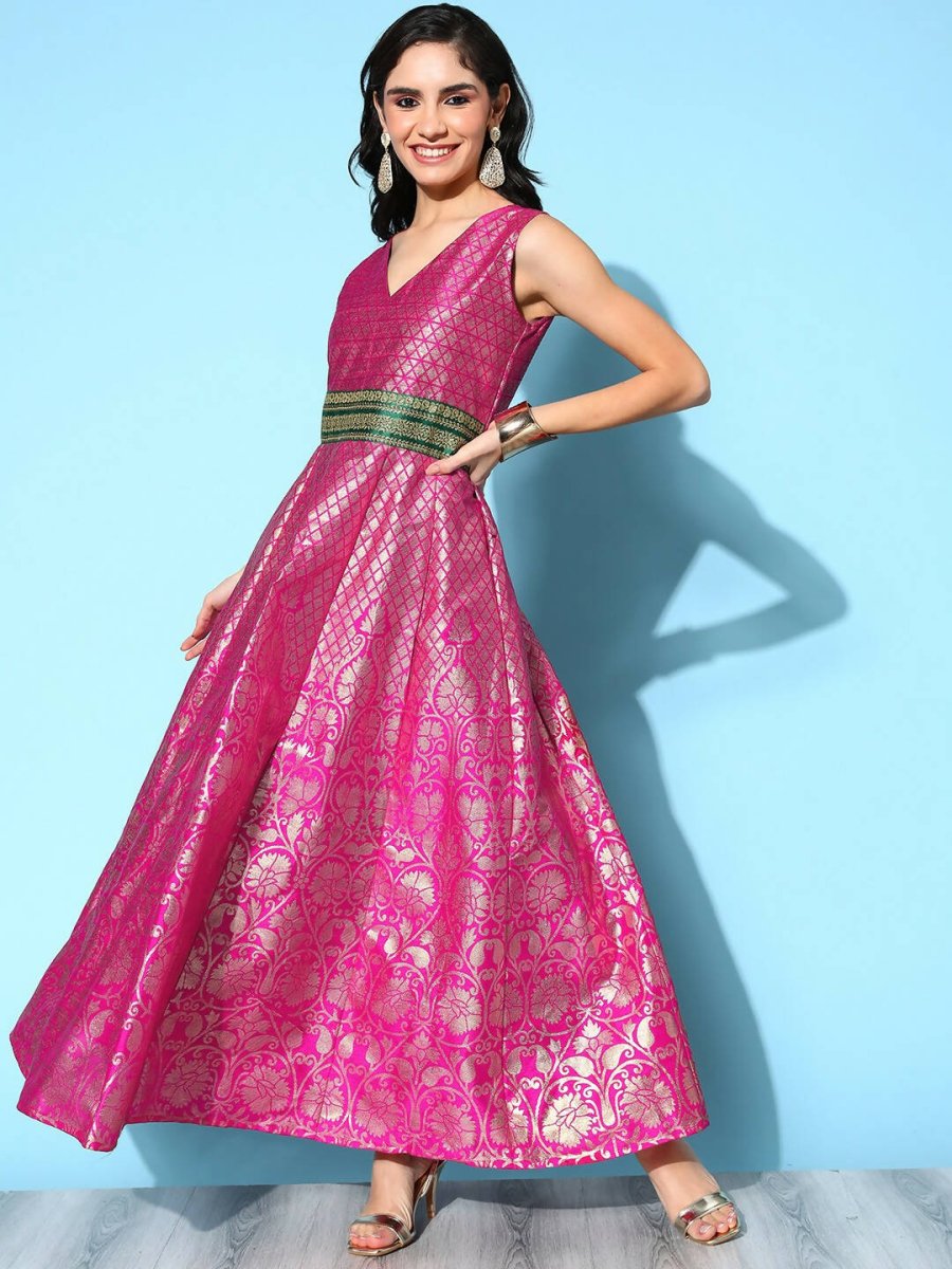 Ahalyaa Women Pink Poly Silk Gold Printed Dress | Swadesiicart