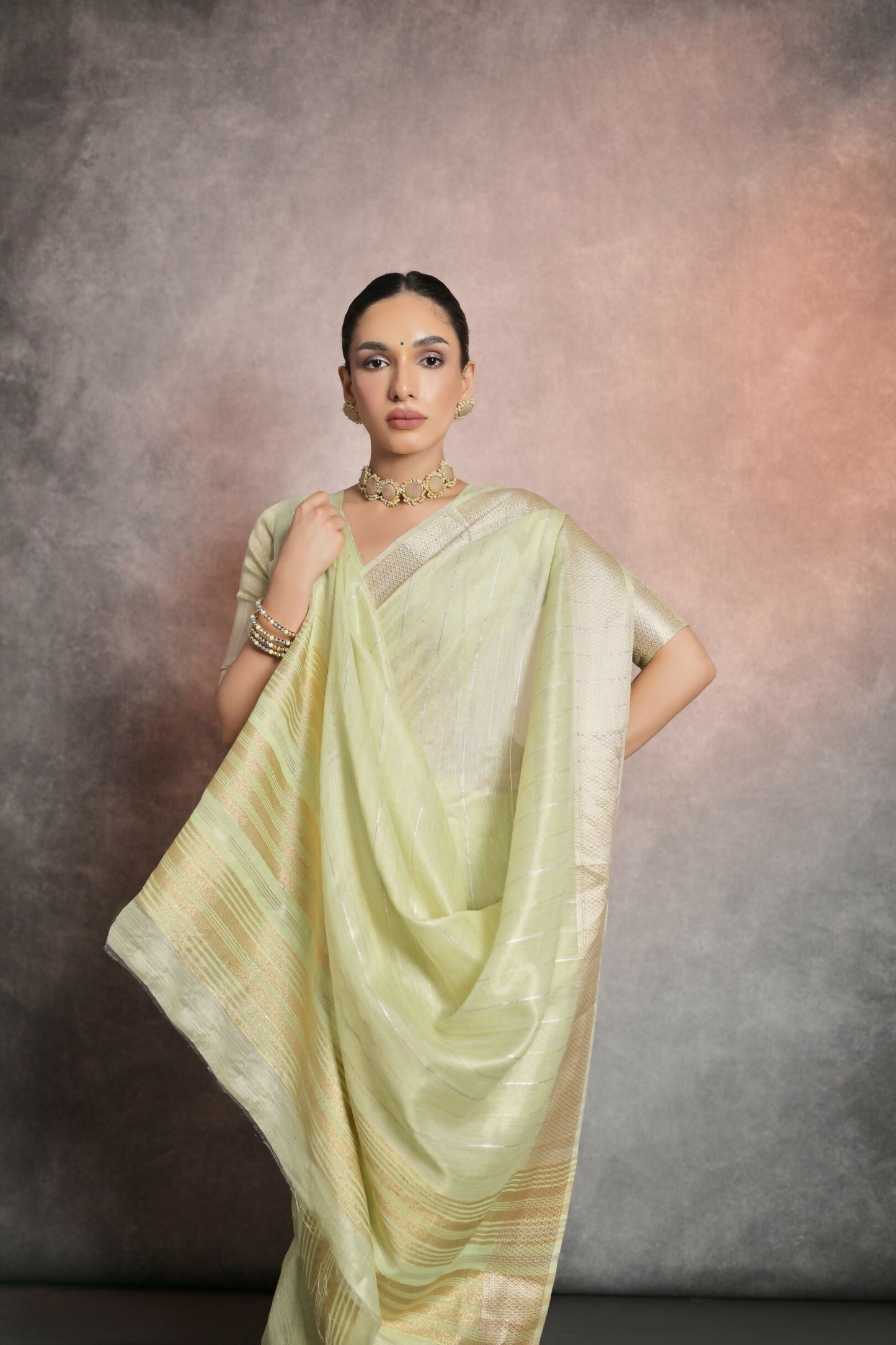 Vishnu Weaves Women's Pista Tissue Linen Zari Woven Saree with Blouse - Swadesiicart