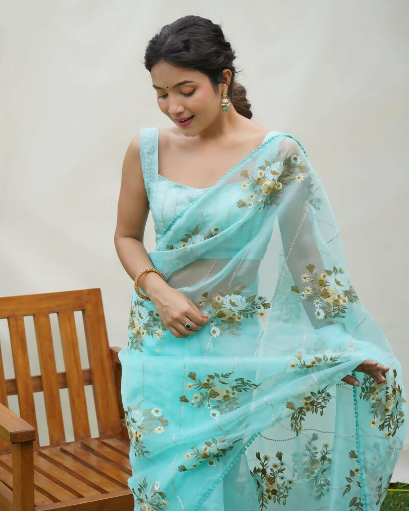 Vamsee Anamika Sky Organza Silk Saree - Swadesiicart