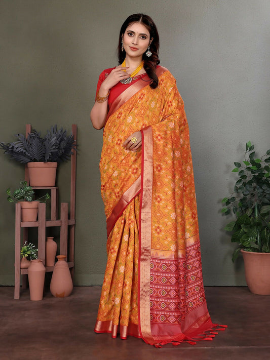 Joban Fashion Orange Plain Banarasi Silk Sarees | Swadesiicart
