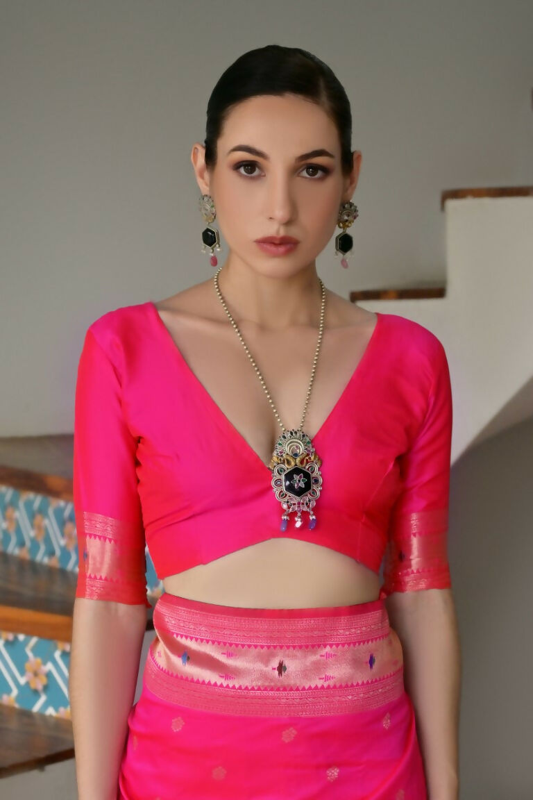 Vishnu Weaves Women's Pink Paithani Silk Zari Woven Saree with Blouse - Swadesiicart