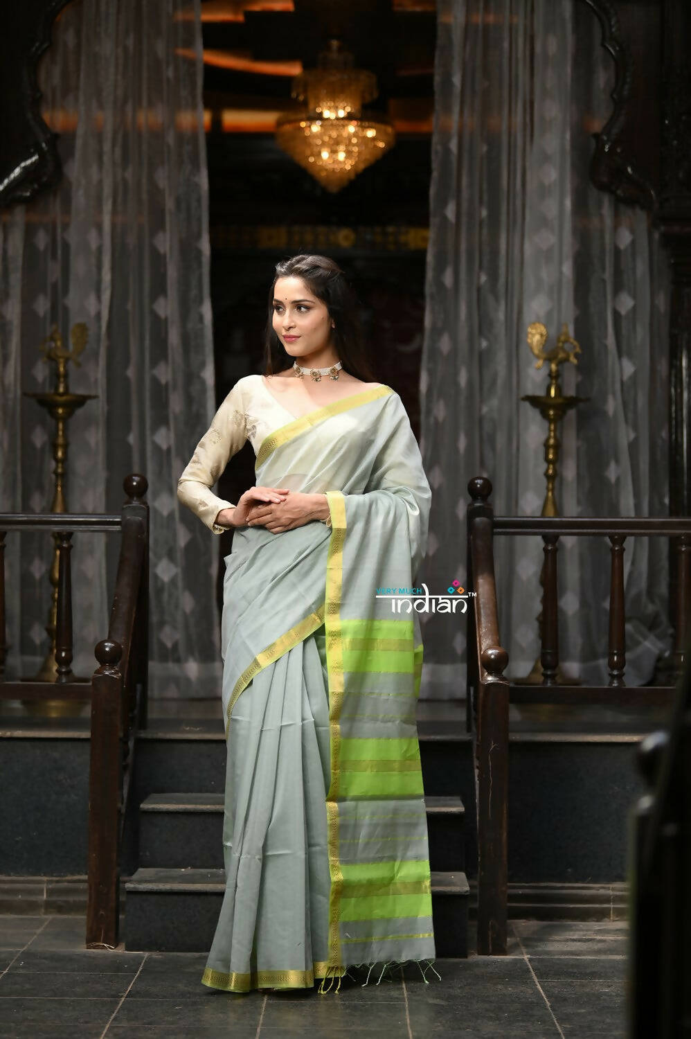 Very Much Indian VMI Exclusive Designer! Handloom Cotton Silk Saree With Sleek Golden Border - Sage Grey | Swadesiicart