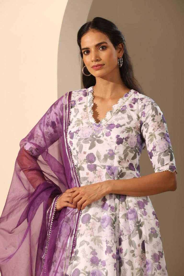 Pomcha Jaipur White Gul Jamini Anarkali Set | Swadesiicart