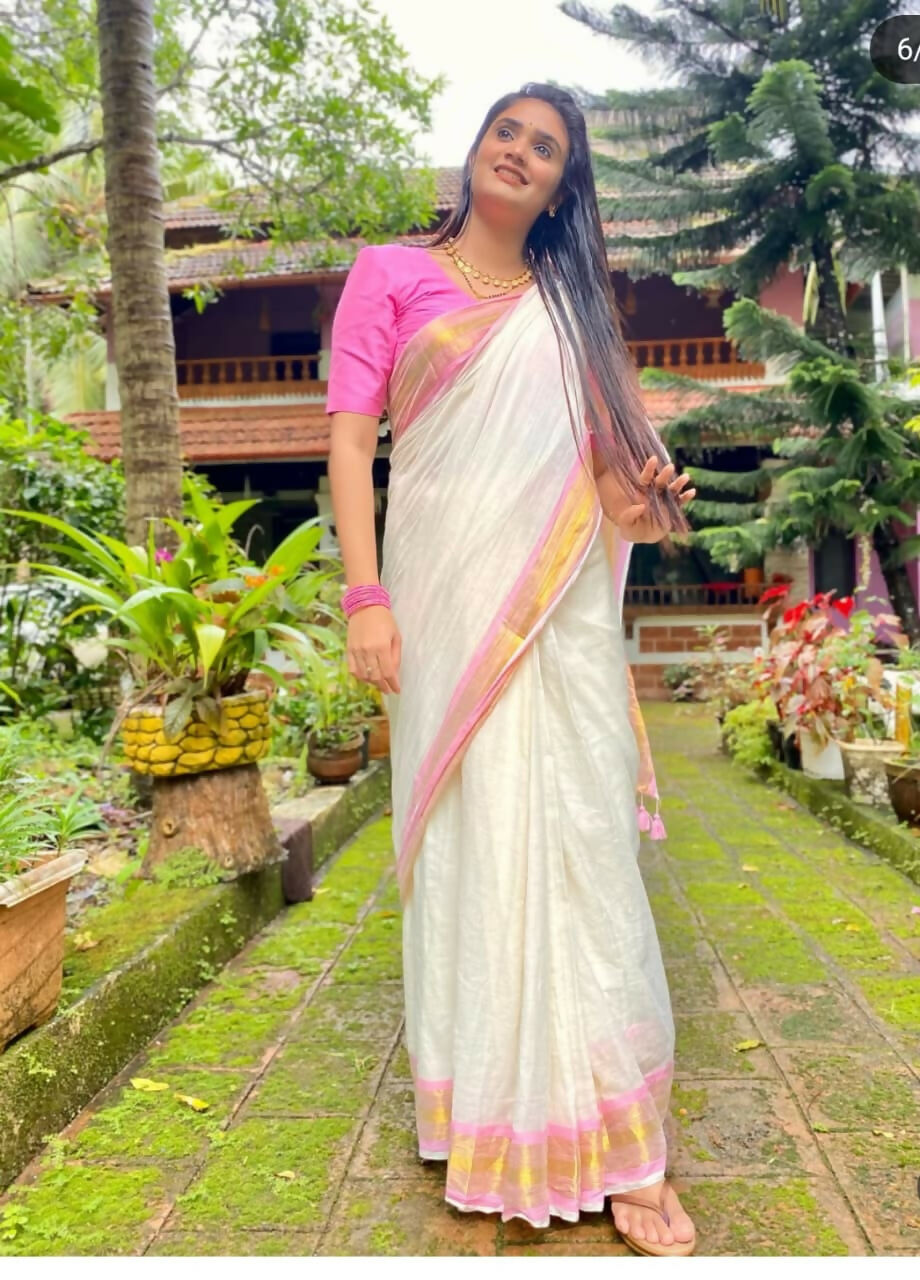 Exclusive Collection Beautiful White Pink Pure Cotton Hand Weaving Handloom Saree With Running Blouse Piece - Swadesiicart