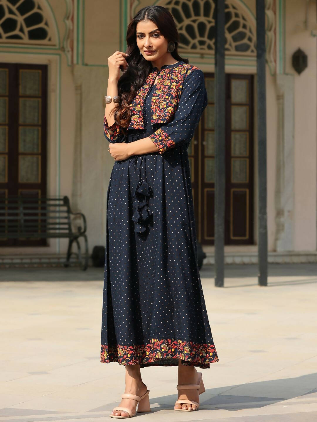 Juniper Women's Blue Rayon Festive Printed Flared Dress | Swadesiicart