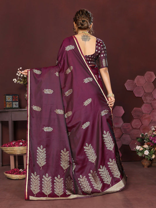 Joban Fashion Wine Floral Motifs Banarasi Silk Sarees | Swadesiicart