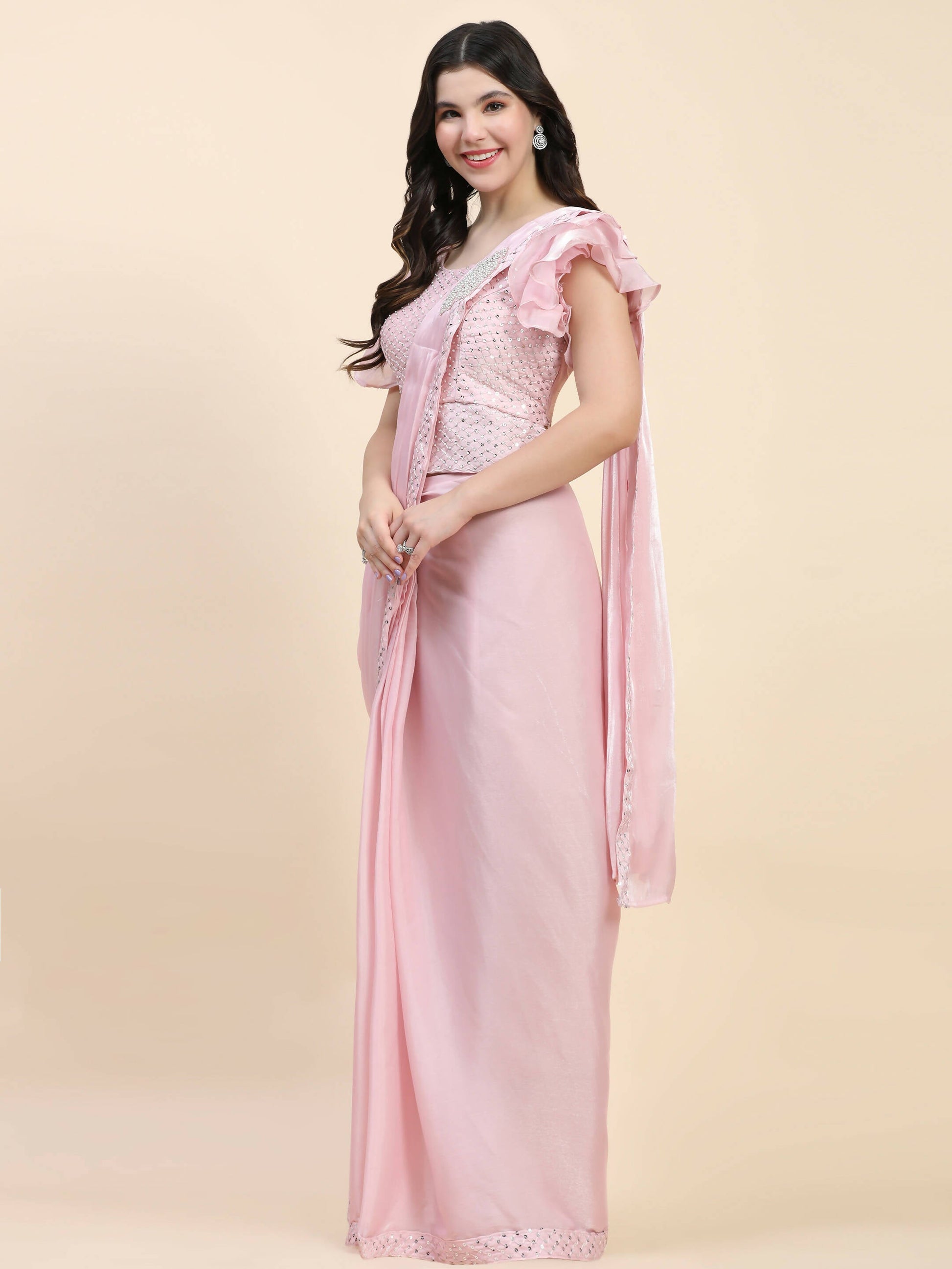 Pink Silk Satin Sequence Work Ready to Wear Saree with stitched Blouse - Nirvana | Swadesiicart