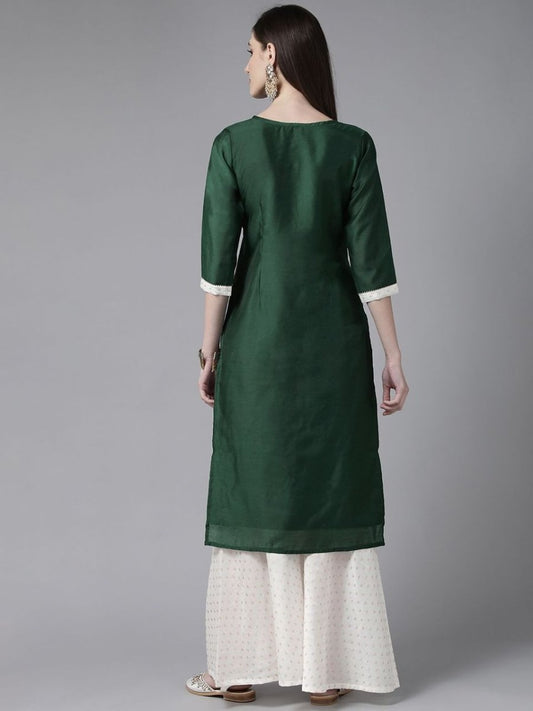 Ahalyaa Women Dark Green Plain Chanderi Kurta with Sharara Set | Swadesiicart