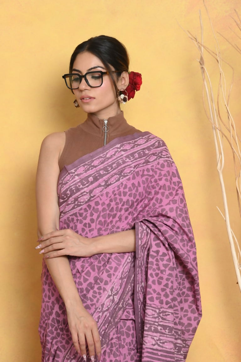 Very Much Indian Handblock Printed Cotton Saree With Natural Dyes - Pink | Swadesiicart