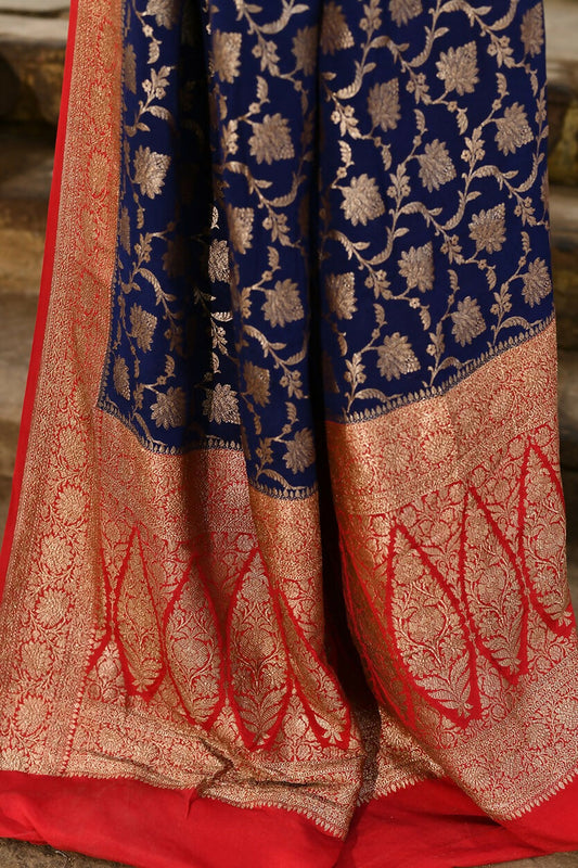Joban Fashion Navy Blue Crepe Chiffon Pure Handloom Banarasi Silk Saree | Swadesiicart