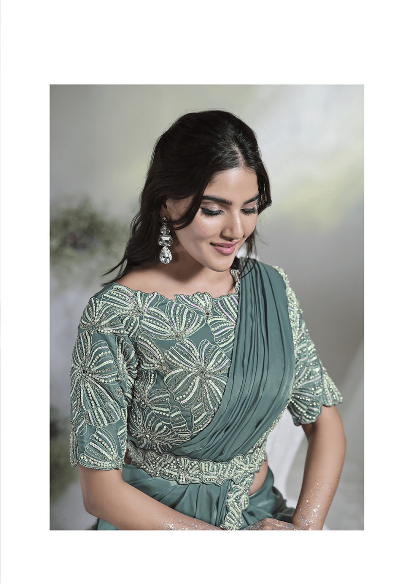 Aqua Blue Crepe Satin Silk Designer Ready to wear saree with stithced Blouse - Mohmanthan Aura | Swadesiicart