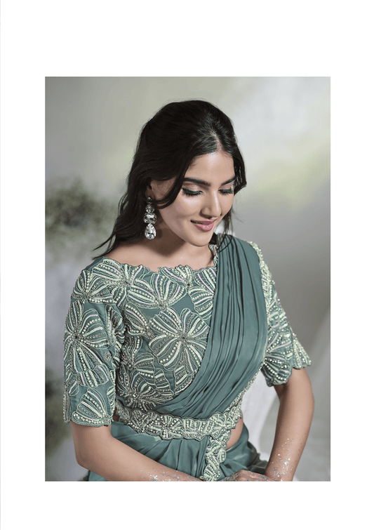 Aqua Blue Crepe Satin Silk Designer Ready to wear saree with stithced Blouse - Mohmanthan Aura | Swadesiicart