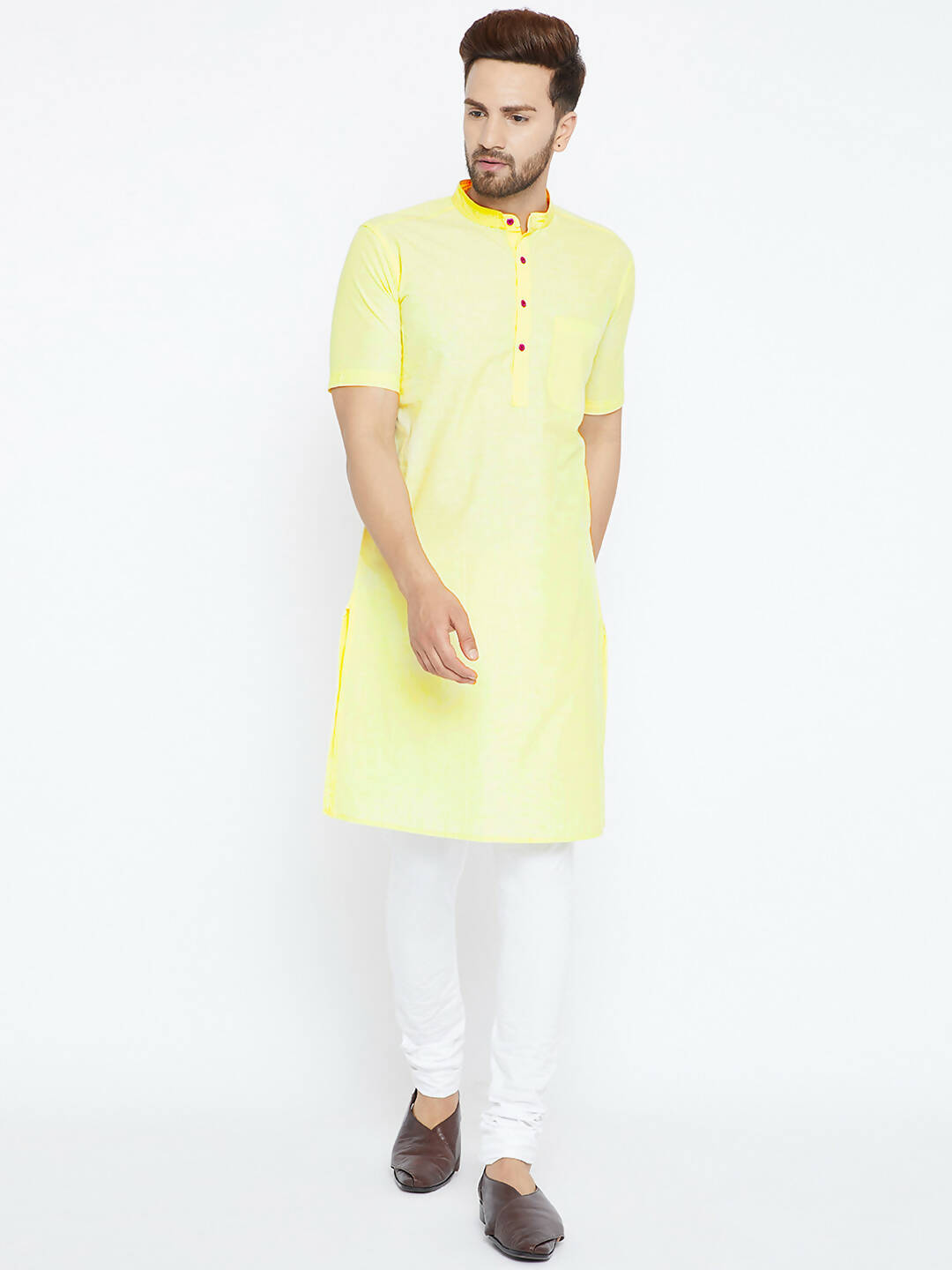 Even Apparels Yellow Color Pure Cotton Men's Kurta With Band Collar | Swadesiicart