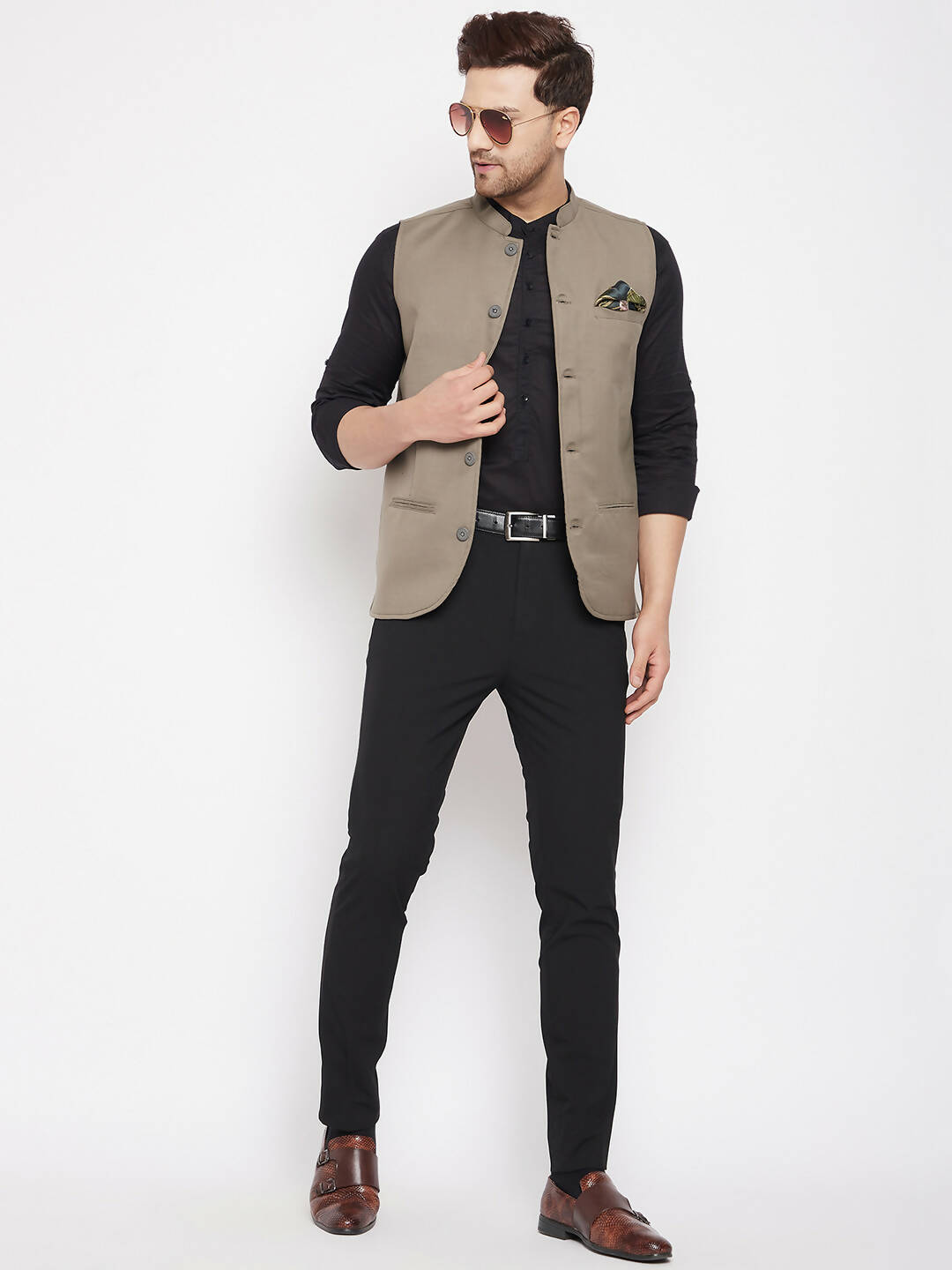Even Apparels Beige Merino Men Woven Nehru Jacket | Swadesiicart
