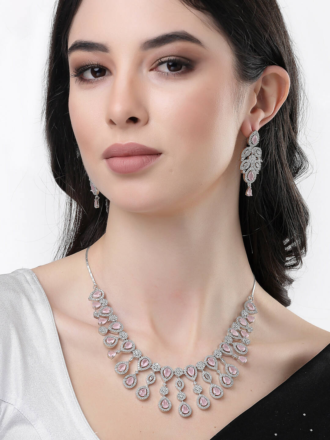 NVR Women Silver Plated & Pink Cz Stone Handcrafted Jewellery Set - NR Retail-NVR