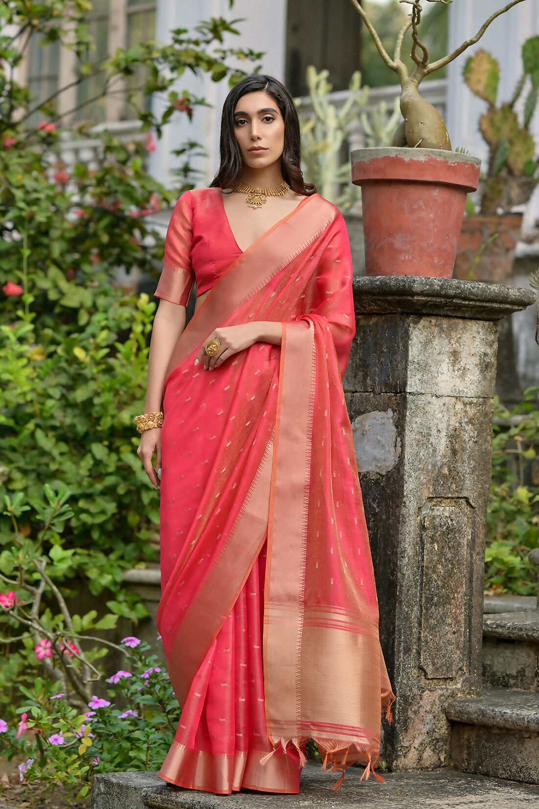 Vishnu Weaves Women's Gajri Soft Tissue Silk Zari Woven Saree with Blouse - Swadesiicart
