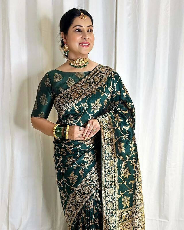 DEIANA'S Beautiful Designer Golden zari Soft Lichi Silk Saree - Teal - Swadesiicart