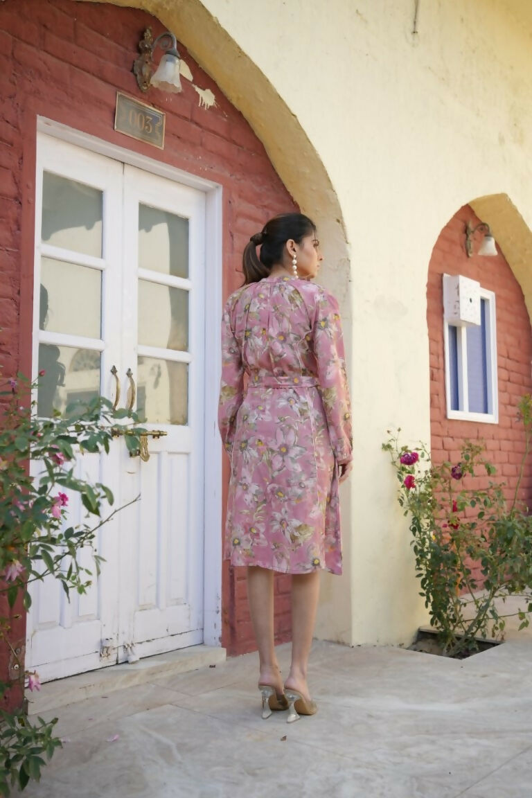 Vaasva Women Pink Muslin Floral Printed Knee Length Dress | Swadesiicart