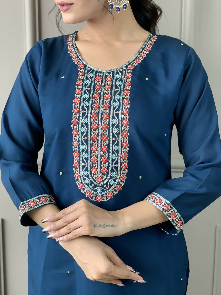Blue Viscose Chanderi Stitched Suit With Dupatta - Tanisha | Swadesiicart