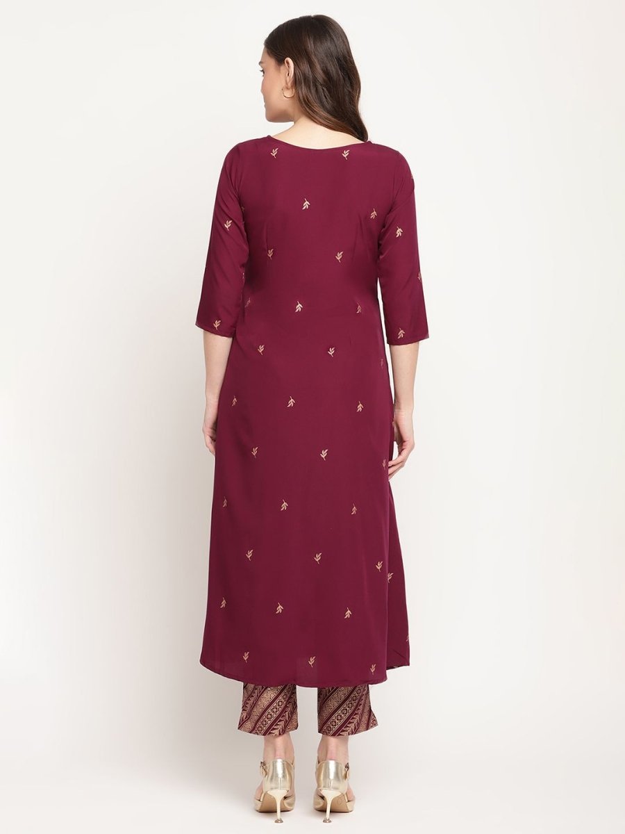Ahalyaa Women's Wine Crepe Gold Glitter Print Kurta Trouser Set | Swadesiicart