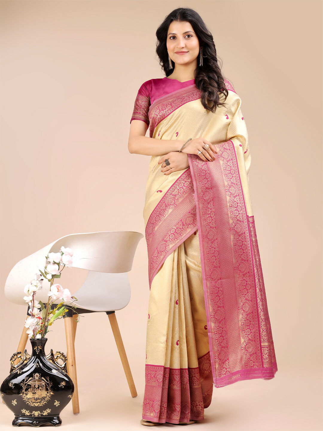 Astita Aura Silk Cream Magenta Banarasi Silk Saree | Swadesiicart
