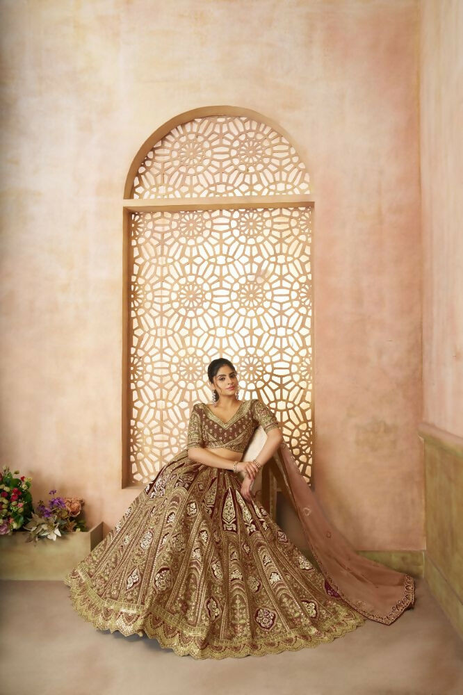 Kesar Fab Coffee Banarasi Silk Embroidered Lehenga | Swadesiicart