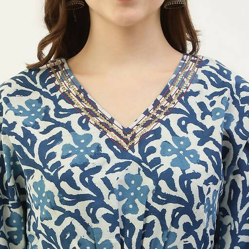 FIORRA Women's Printed Pure Cotton Kaftan Kurta - Blue - Swadesiicart