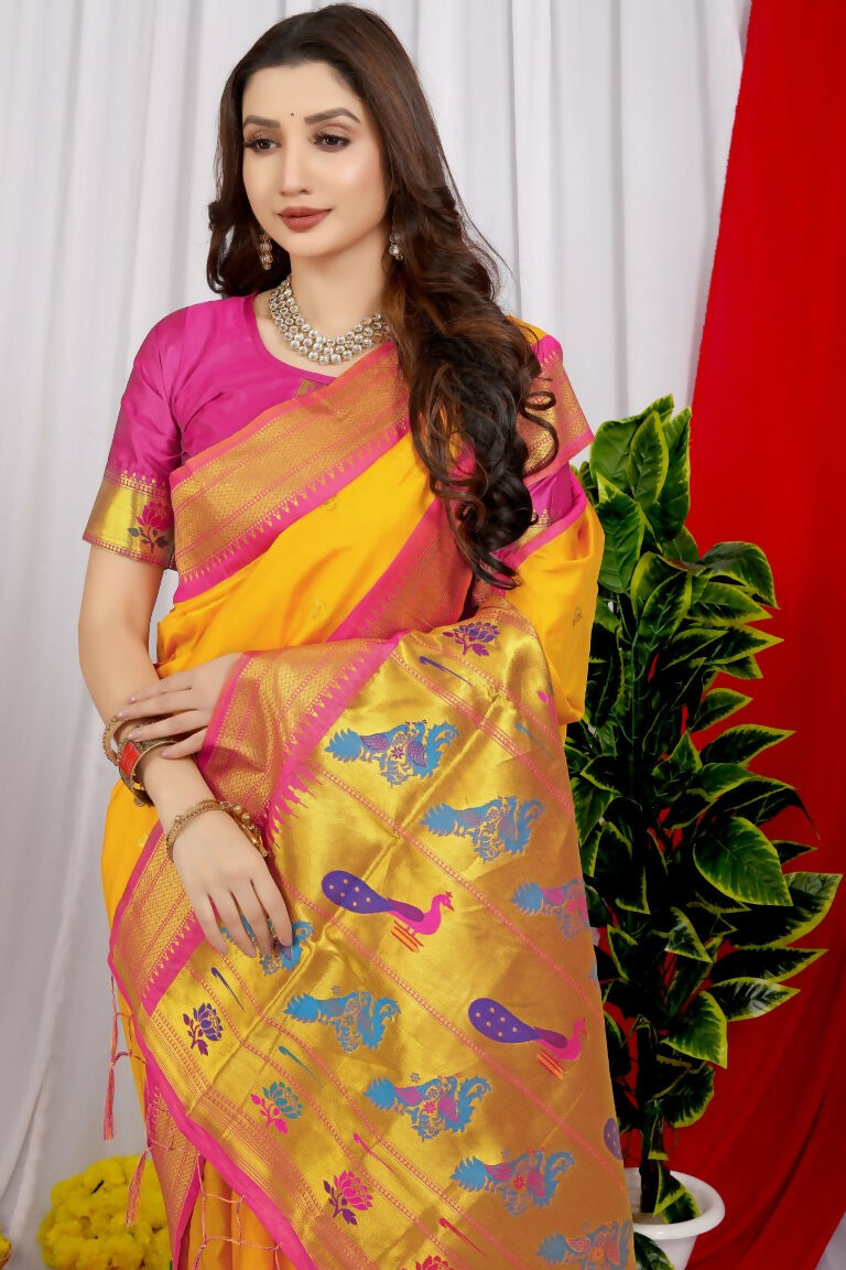Jyoti Fashion Women's Yellow Paithani Silk Zari Woven Saree with Blouse | Swadesiicart