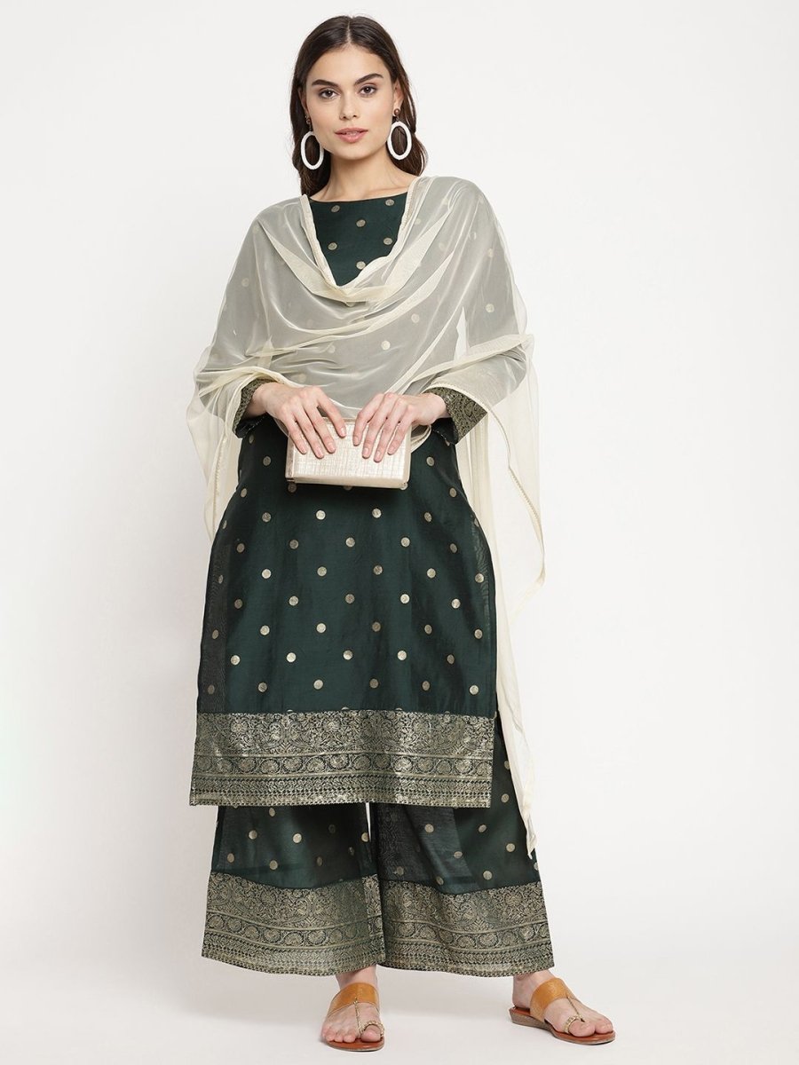 Ahalyaa Dark Green Gold Print Kurta Palazzo Set With Dupatta | Swadesiicart