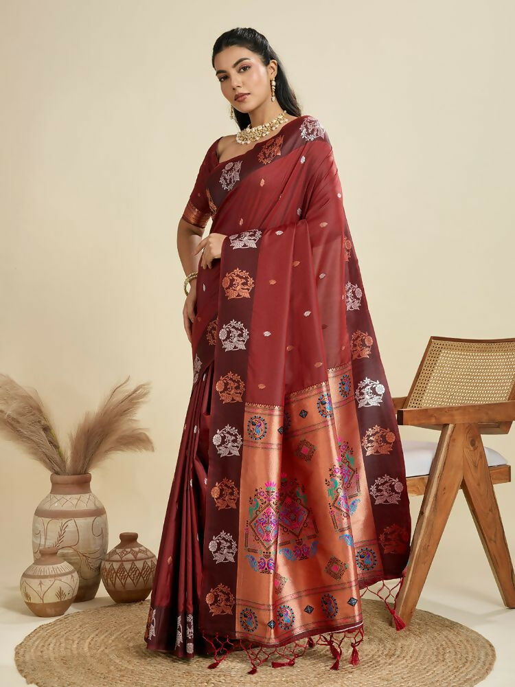 Vishnu Weaves Women's Maroon Banarasi Silk Zari Woven Saree with Blouse - Swadesiicart