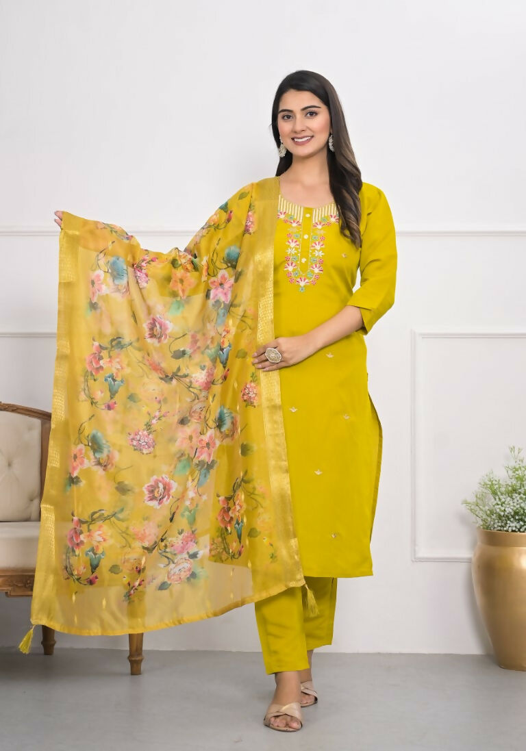 Yellow Viscose Silk Embroidery with Thread and sequence Stitched Suit With Dupatta - Tanisha | Swadesiicart