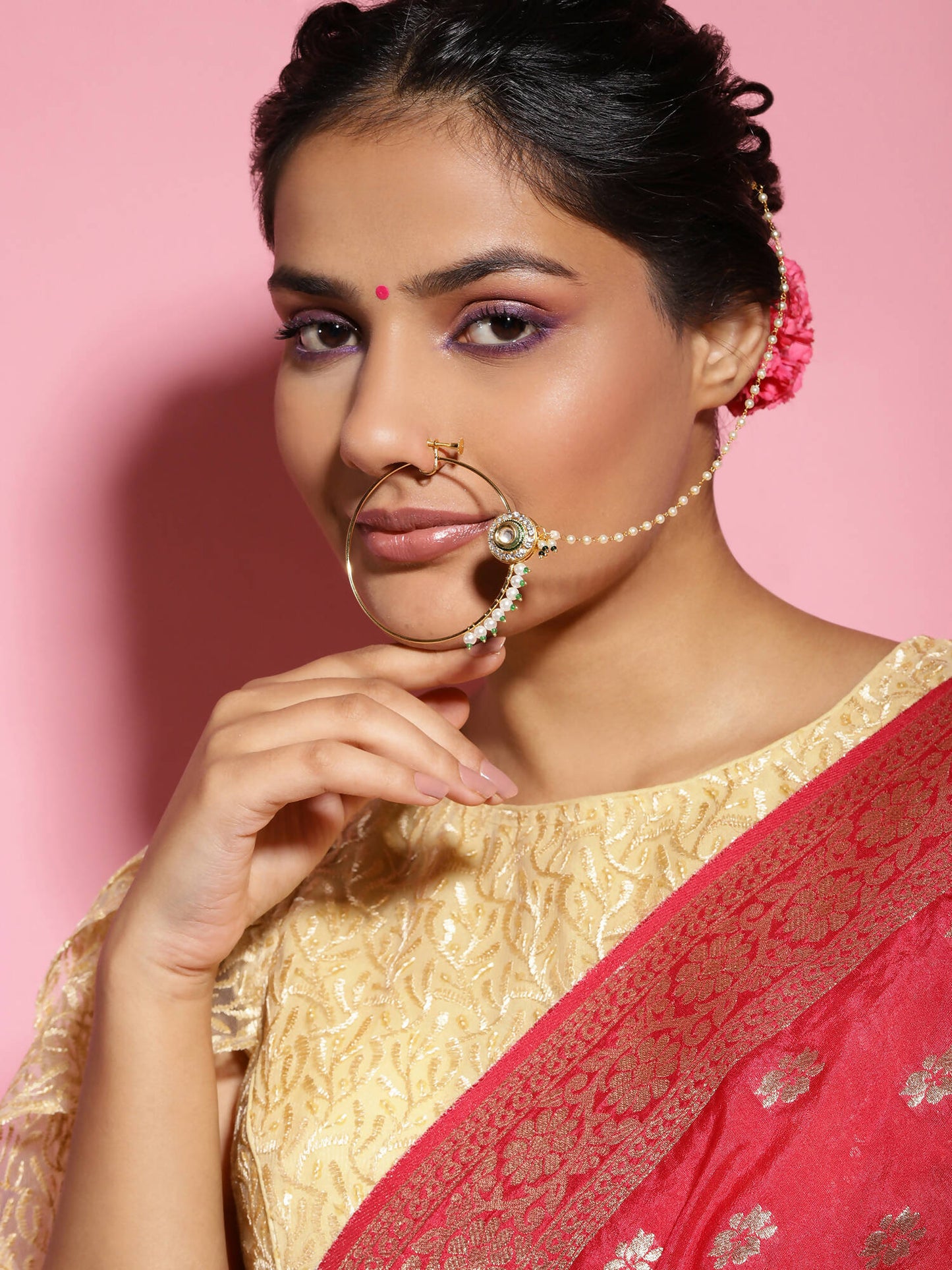 Gold-Polished White Green Kundan-Studded Pearl Beaded Nosepin - Ruby Raang | Swadesiicart