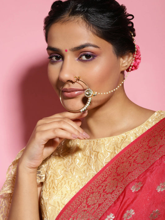 Gold-Polished White Green Kundan-Studded Pearl Beaded Nosepin - Ruby Raang | Swadesiicart