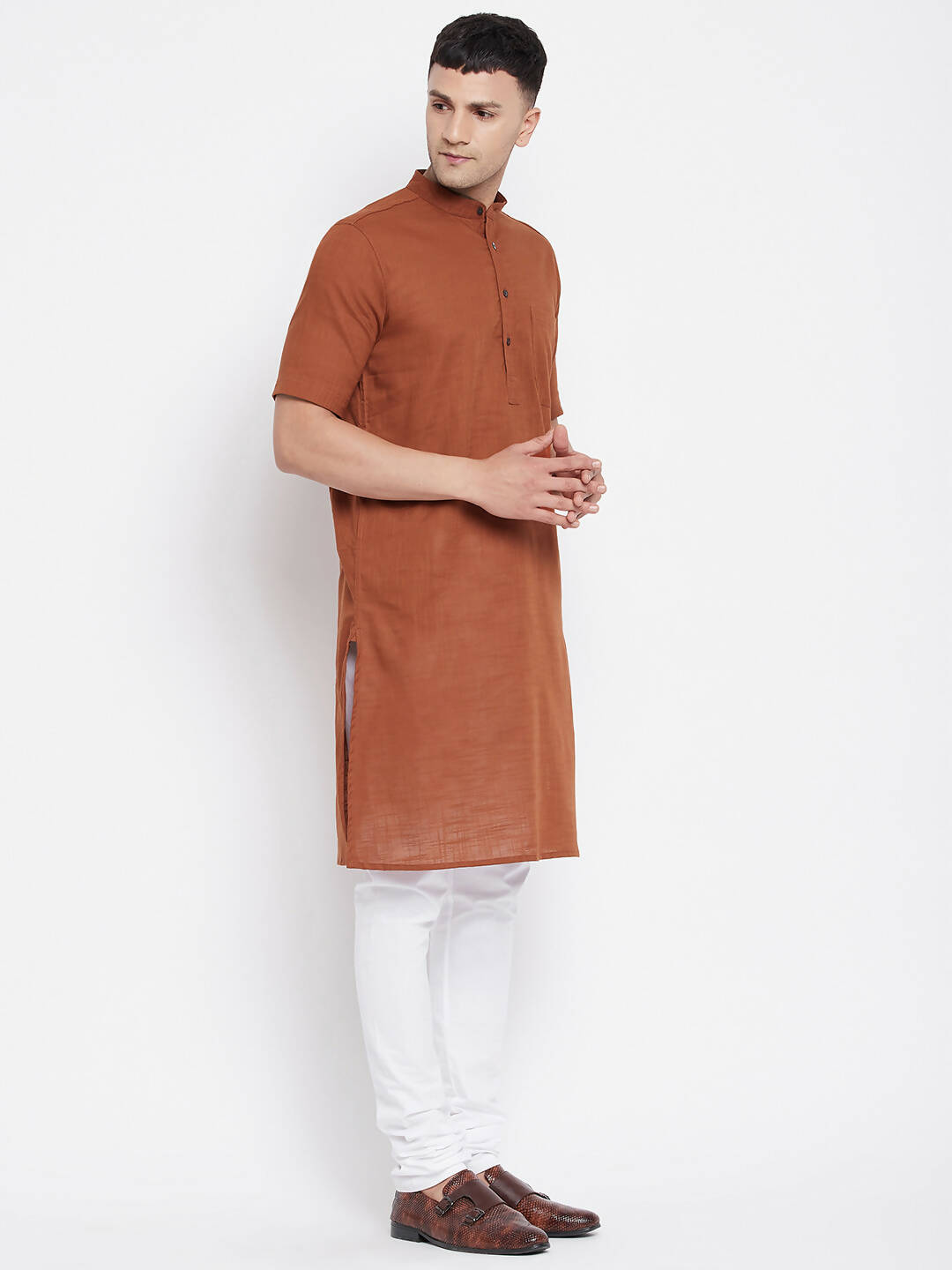Even Apparels Brown Pure Cotton Men's H/S Kurta With Band Collar | Swadesiicart