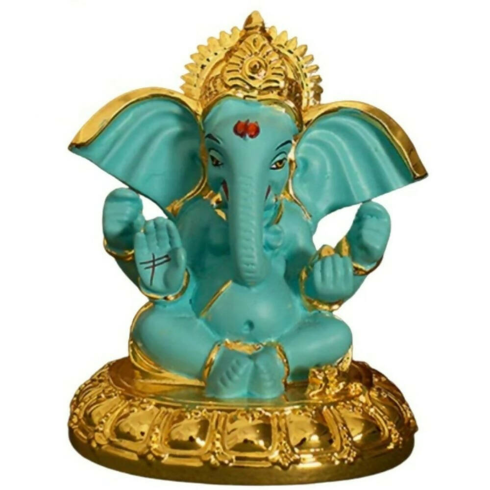 Tamas Gold-Polished Gaj Karna Ganesh Idol Flora Blue & Gold Color - Green Leaf
