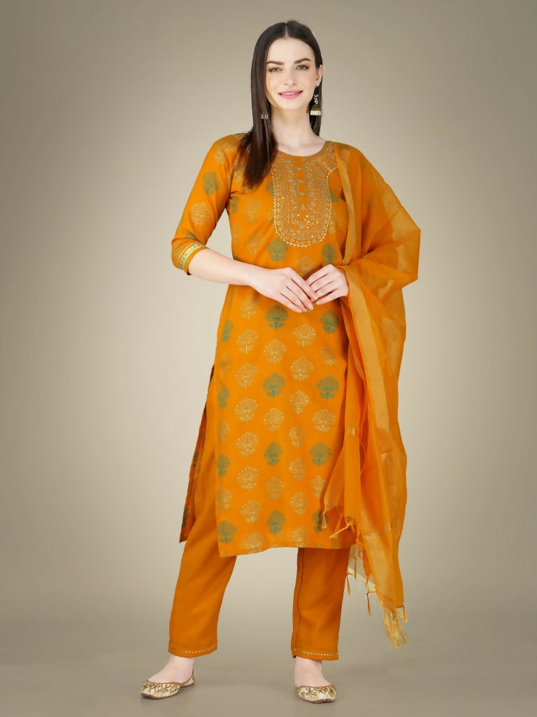 Jyoti Fashion Women's Yellow Cotton Magic Slub Embroidery & Sequence work Kurta with Trouser & Dupatta | Swadesiicart