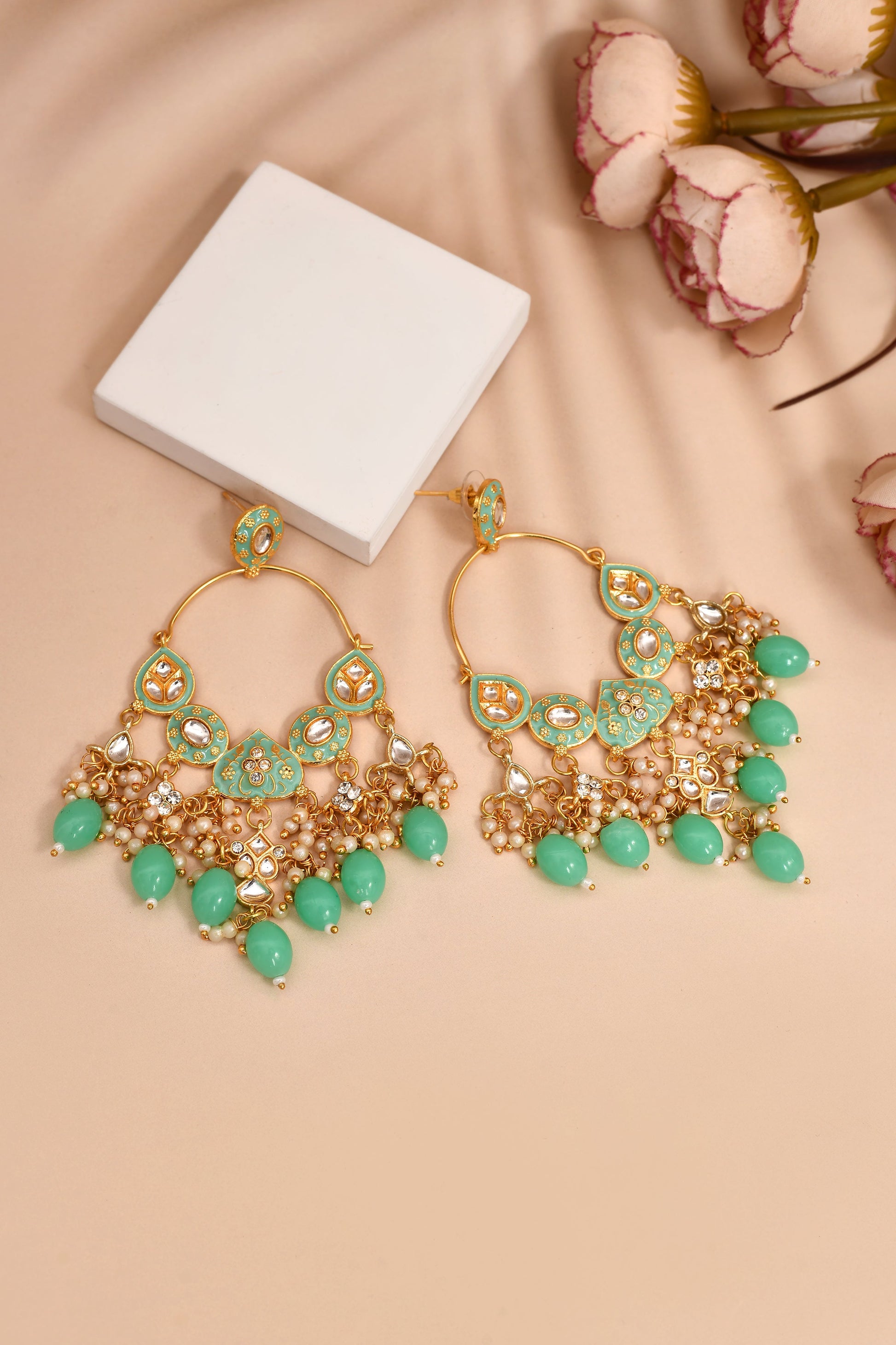 New Stylish Ethnic Partywear Light Green Hoops Kundan Earrings for Womens by House of Ree | Swadesiicart