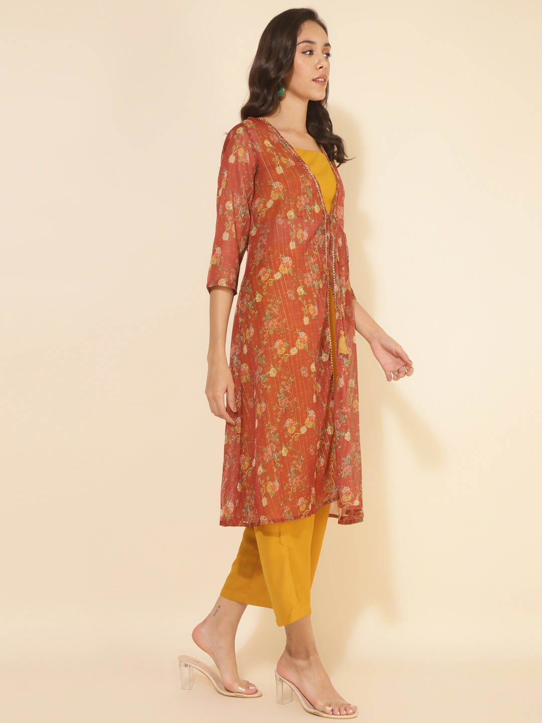 Janasya Women's Mustard Moss Solid Festive Crop Top Set | Swadesiicart