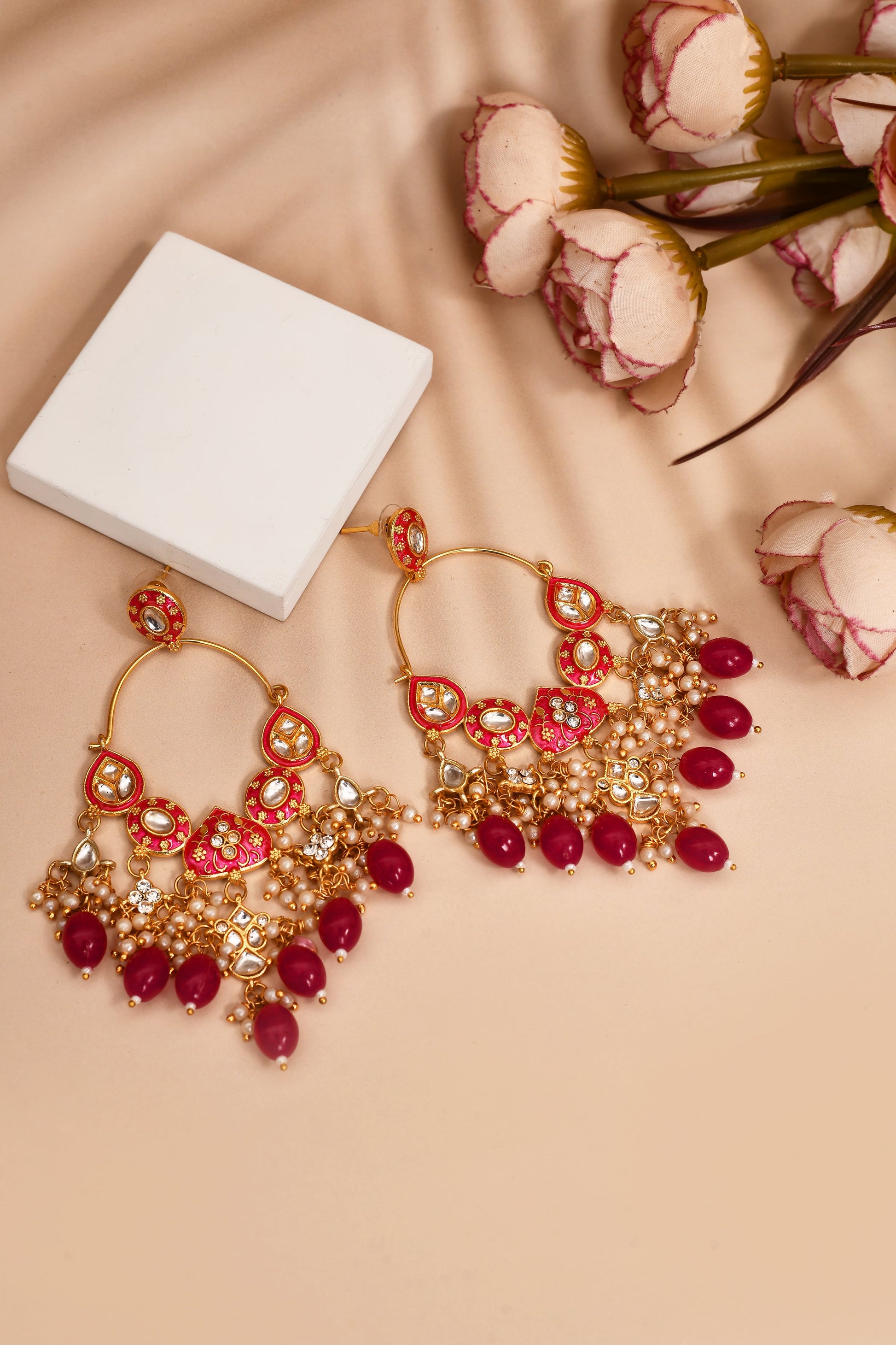 New Stylish Ethnic Partywear Pink Hoops Kundan Earrings for Womens by House of Ree | Swadesiicart
