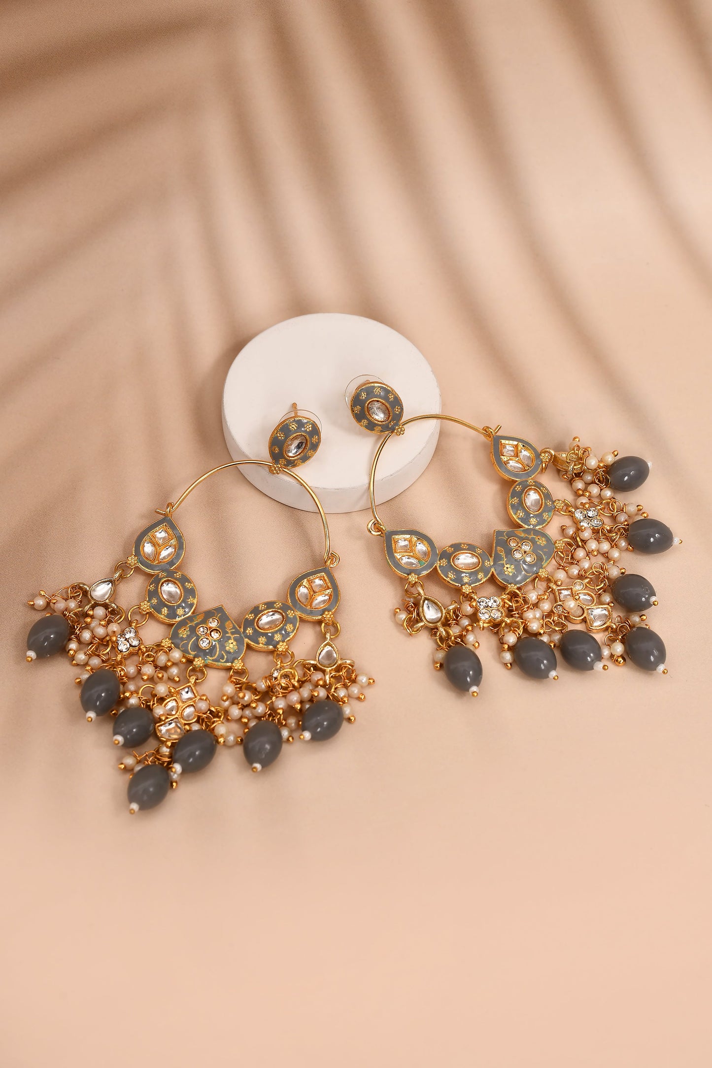 New Stylish Ethnic Partywear Gray Hoops Kundan Earrings for Womens by House of Ree | Swadesiicart