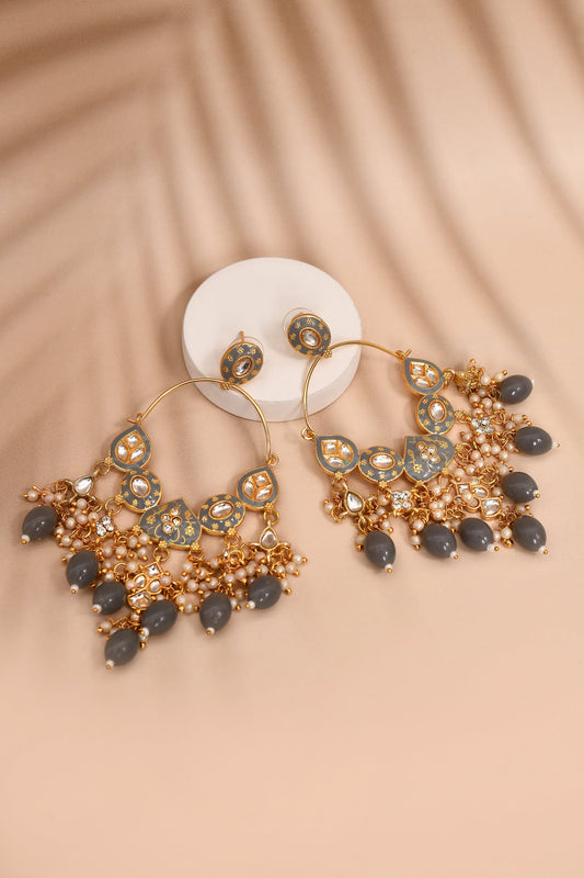 New Stylish Ethnic Partywear Gray Hoops Kundan Earrings for Womens by House of Ree | Swadesiicart