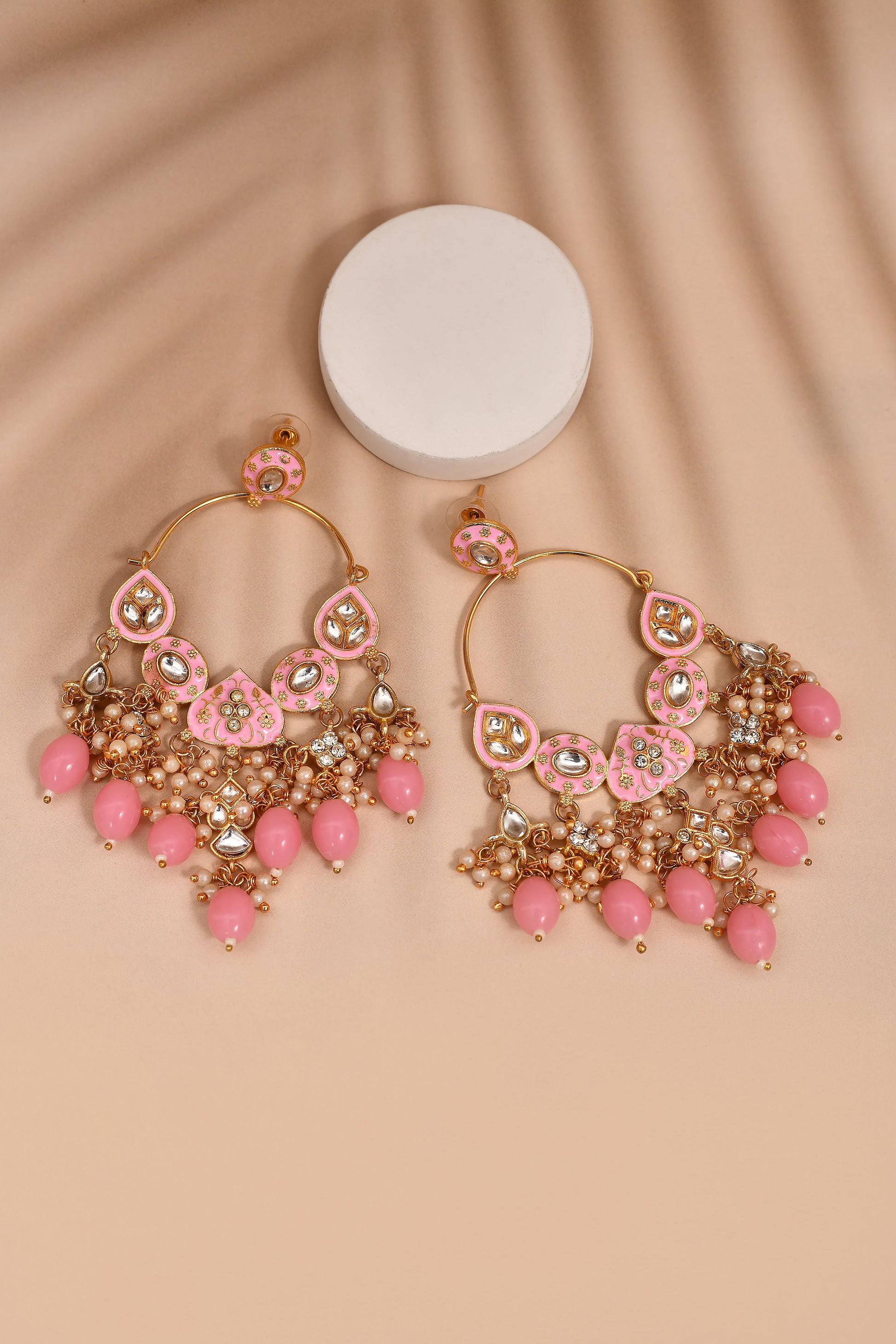 New Stylish Ethnic Partywear Light Pink Hoops Kundan Earrings for Womens by House of Ree | Swadesiicart